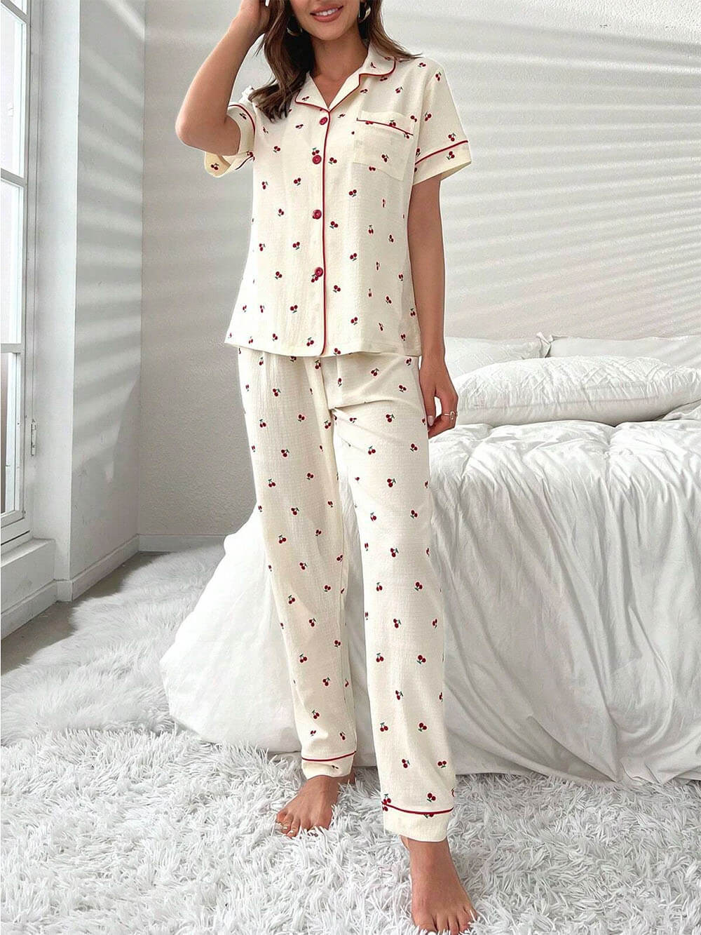 Cherry Print Kontrast Piping Blouse & Hosen Pyjamas Set