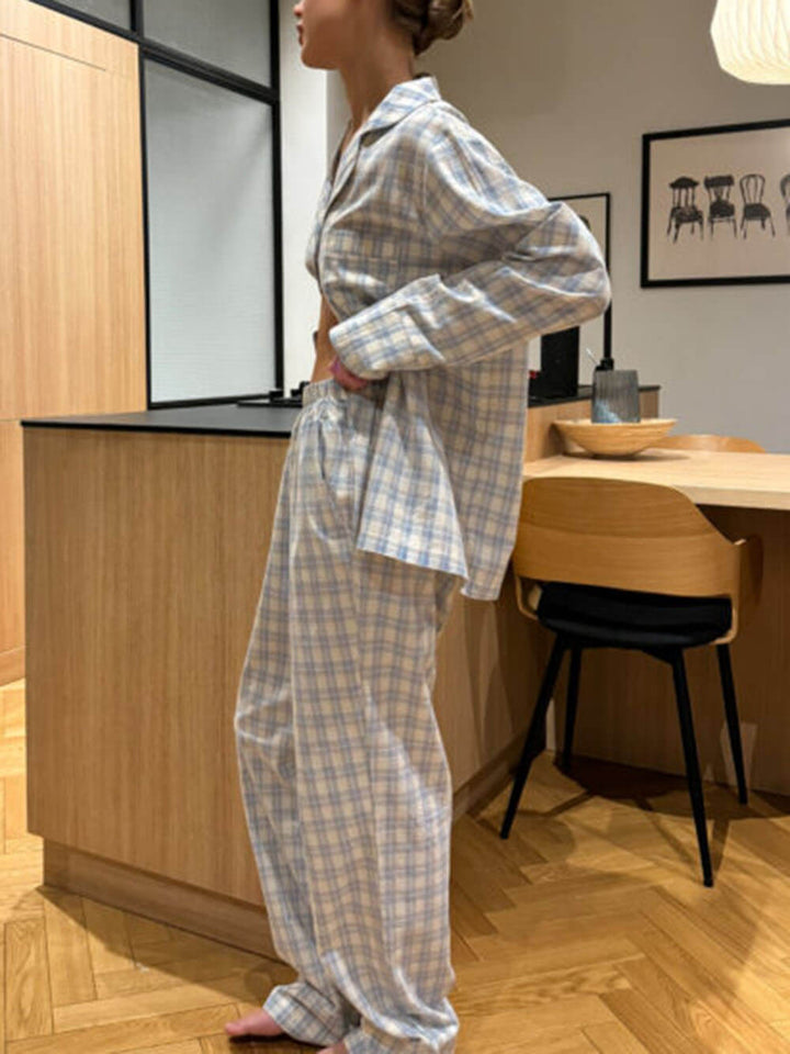 Gul og blå plaid løst patchwork pyjamas sæt