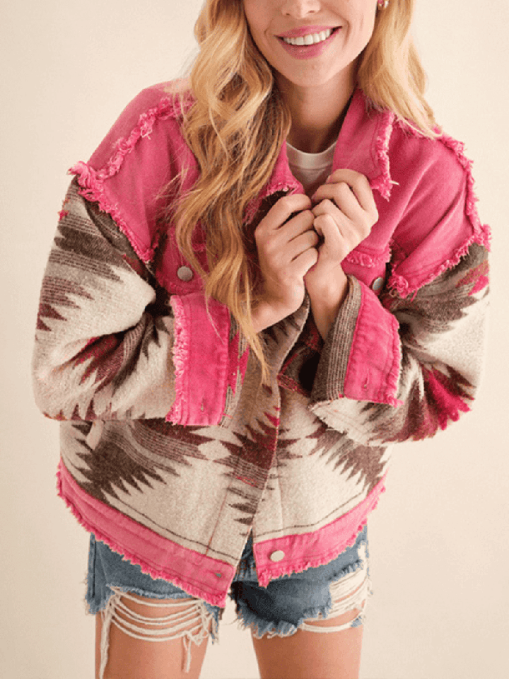 Dolly Cotton Frayed Aztec Denim Jacket