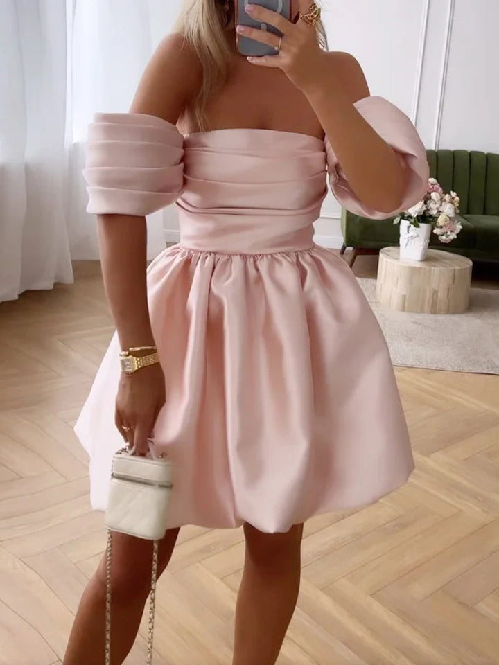 One Shoulder Puff Sleeve Solid Color Dress