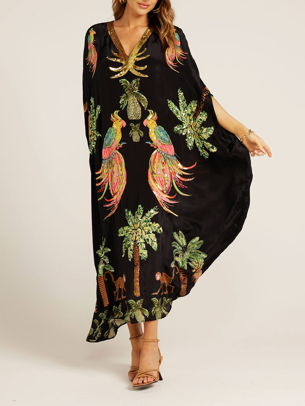 Unik Drop Shoulder Sleeve Coconut Tree Printed Dress - Svart