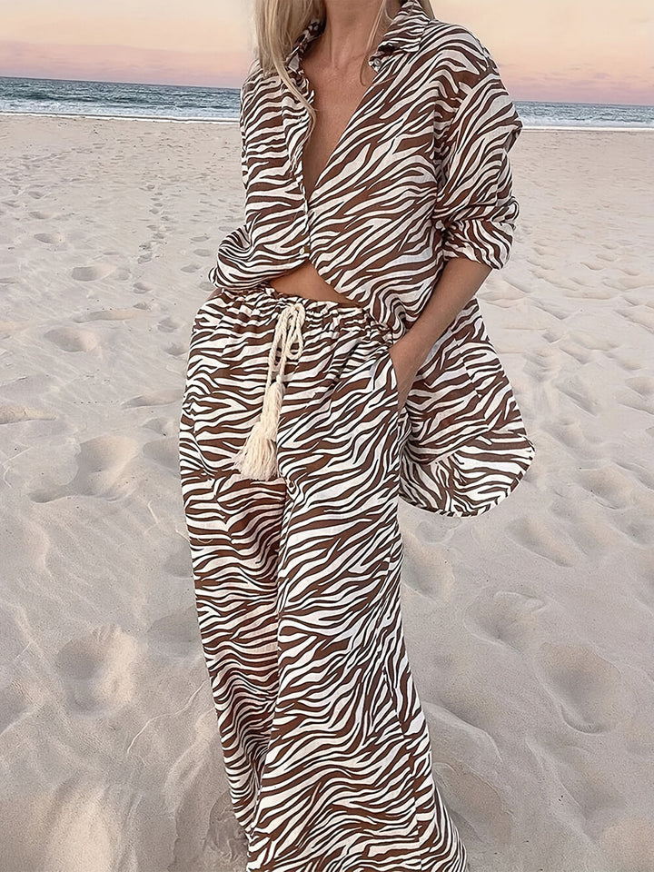 Button Open Collar Loose Zebra Print Shirt  Pants Set