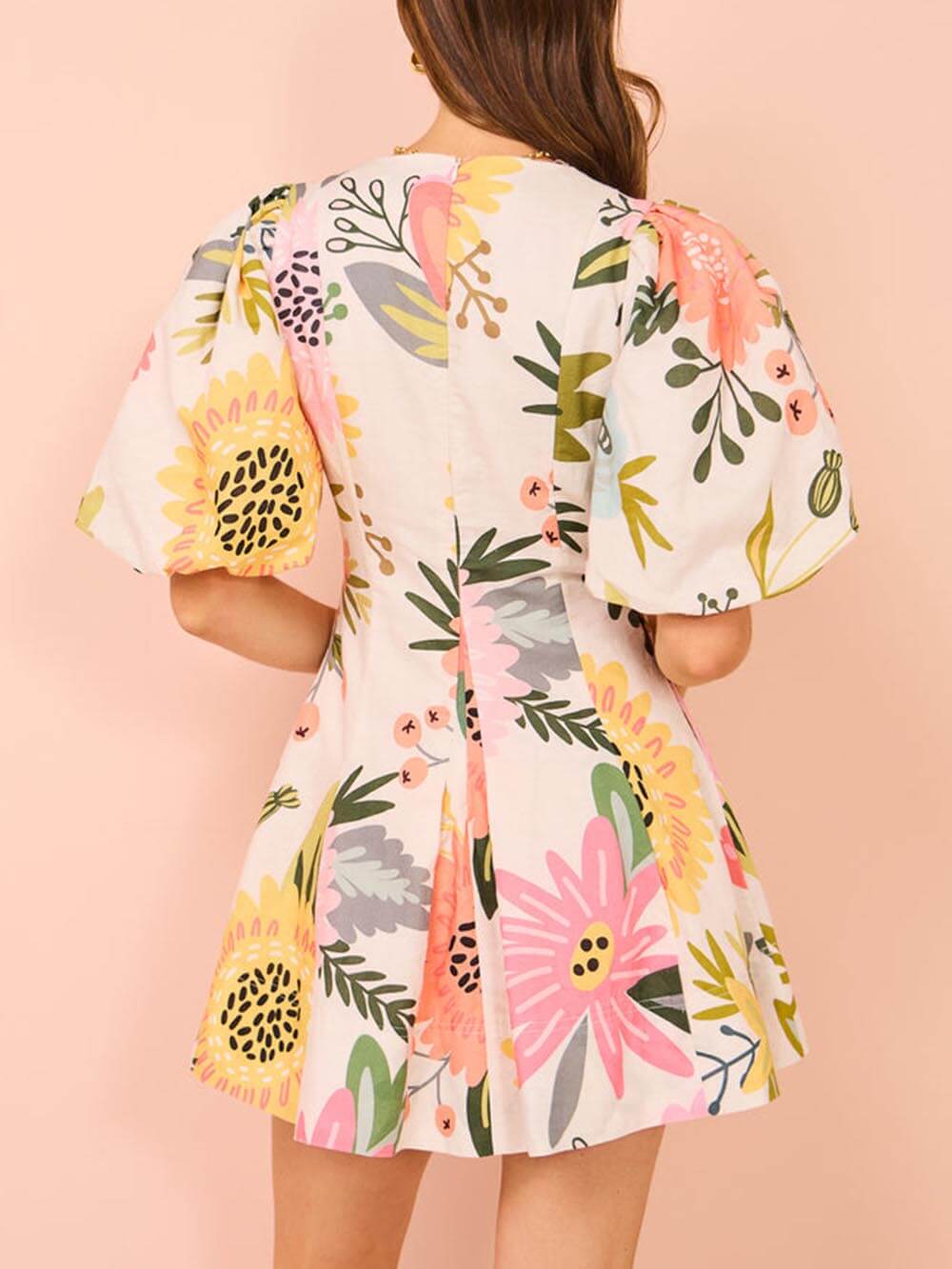 플로럴 프린트 퍼프 슬리브 포켓 미니 드레스