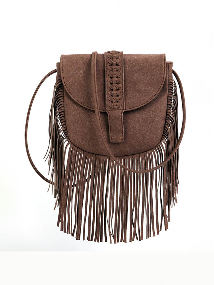 Women Semi Circular Leather Tassel Crossbody Bag