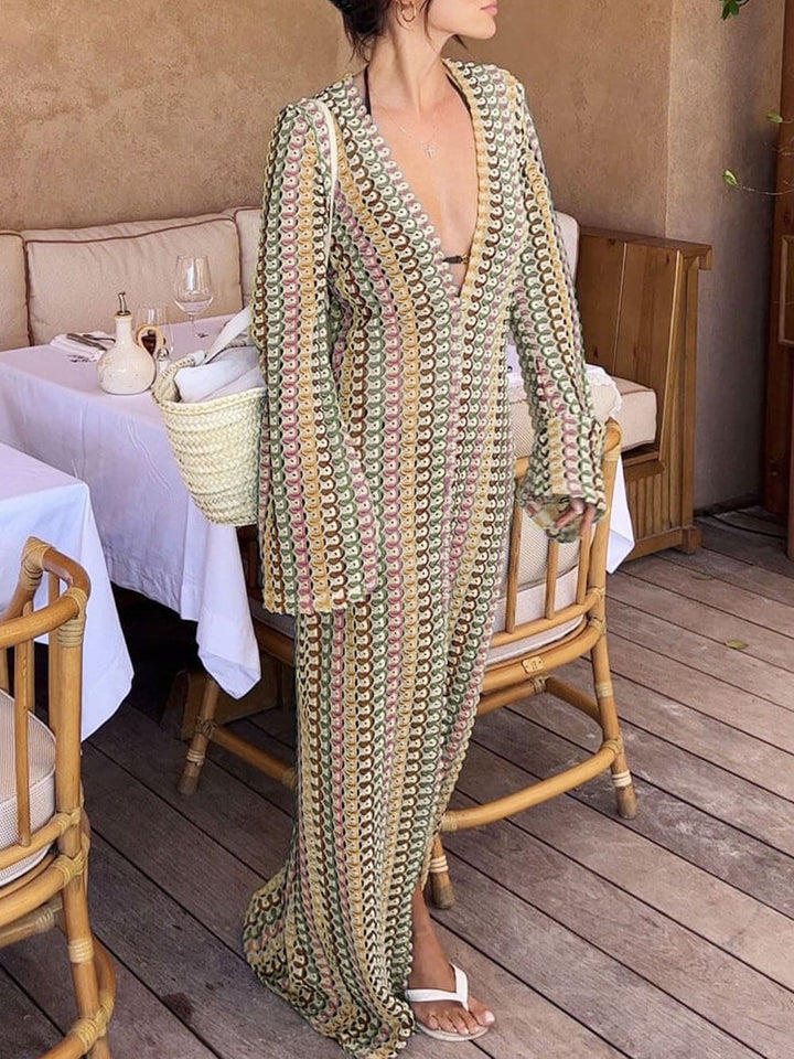 Boho-Maxikleid mit V-Ausschnitt und Glockenärmeln, gewellt, gestreift, gehäkelt, für den Strandurlaub – Braun