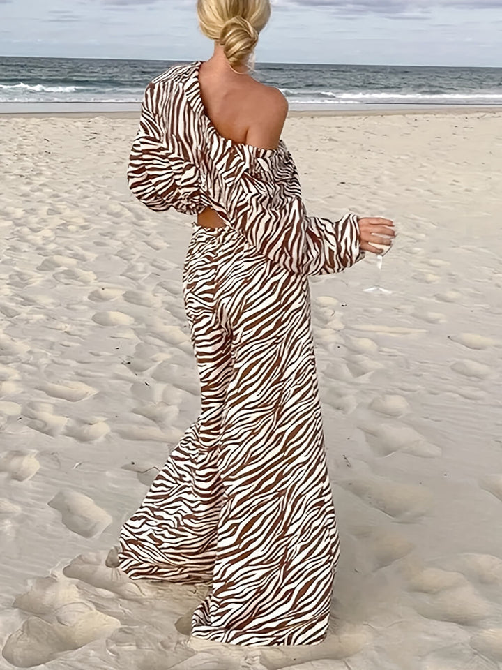 Button Open Collar Loose Zebra Print Shirt  Pants Set