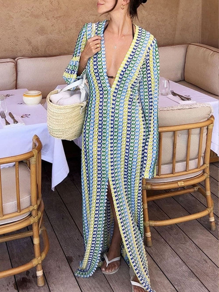 Robe Maxi Boho à Col en V et Manches Cloche Rayée Ondulée au Crochet pour Vacances de Plage - Jaune