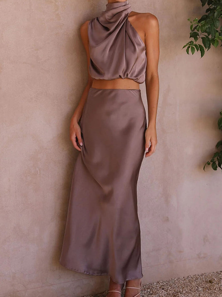 Satin Halter Crop Tank Top + Wrap Mini Nederdel Sæt