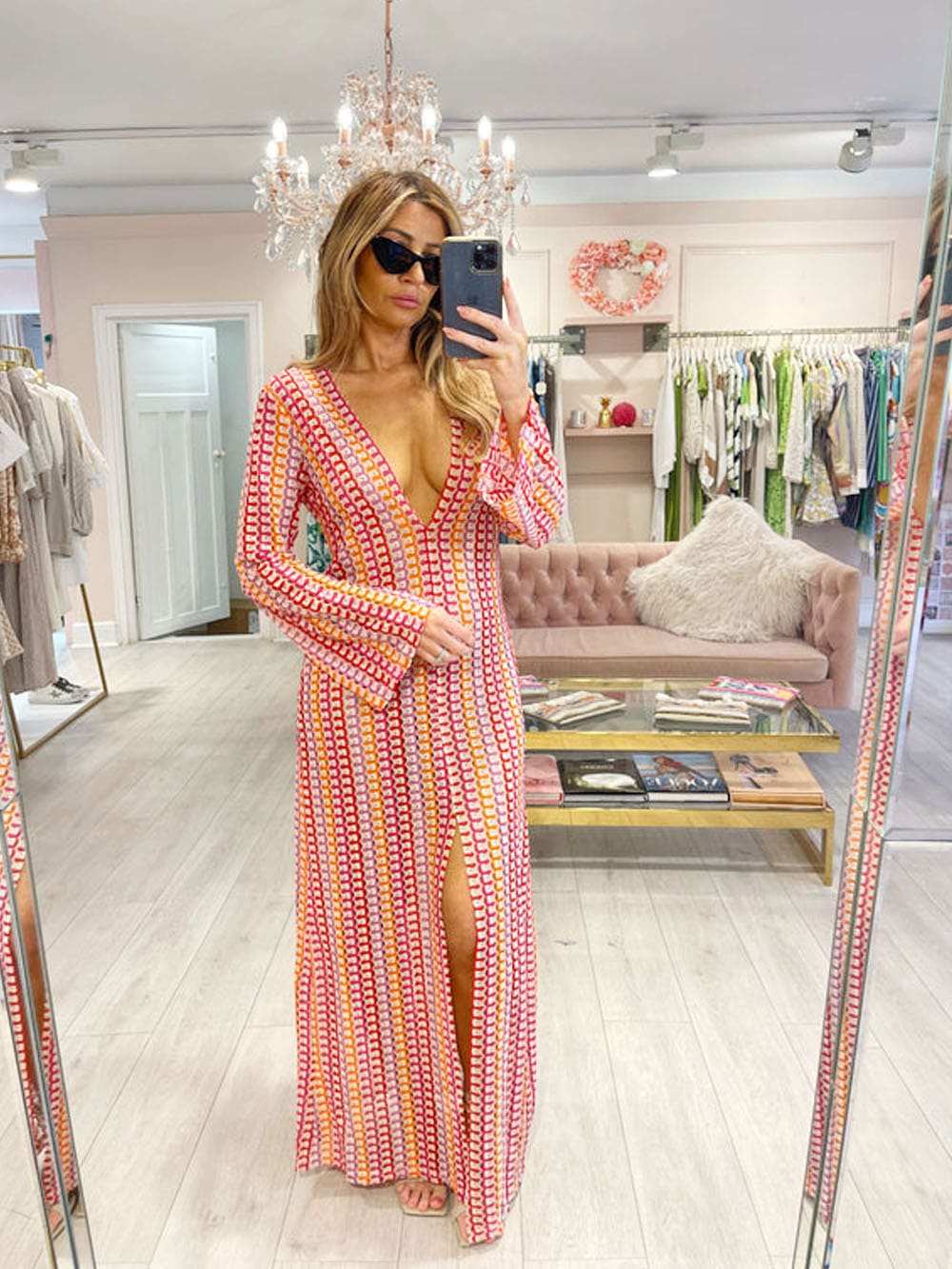 Boho V-hals Bell Sleeve Golvend Gestreepte Gehaakte Strandvakantie Maxi-jurk - Rood