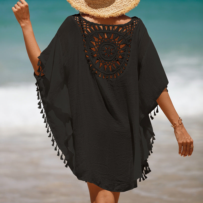 Blusa de playa de girasol con flecos sueltos de ganchillo a mano