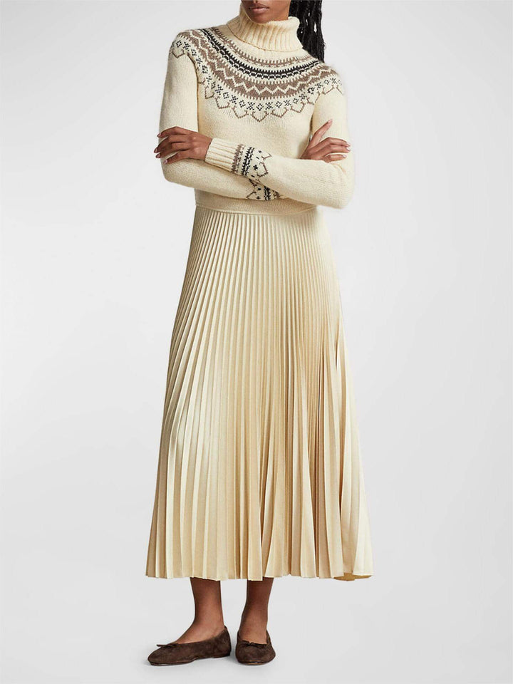 Hybrid sweater-plisseret kjole med rullekrave