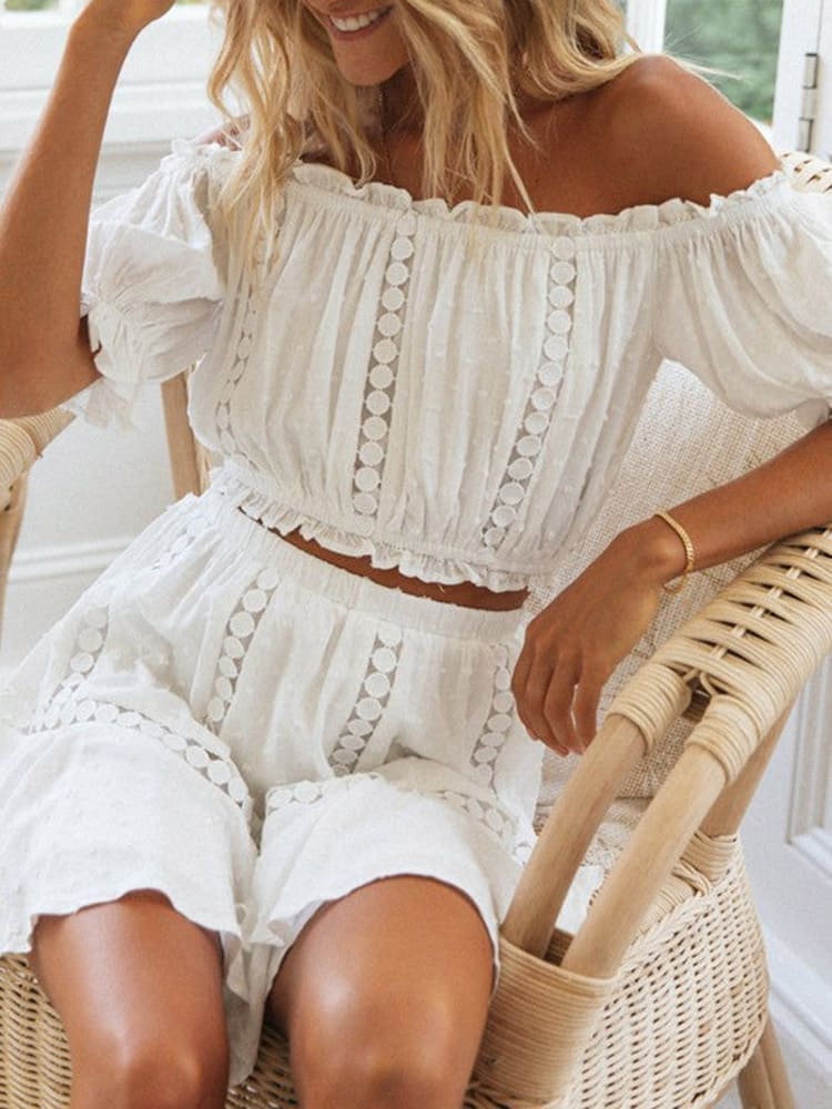 White Lace Crop Top and Skirt Matching Sets