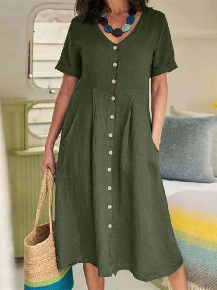 فستان متوسط ​​الطول من الكتان بياقة على شكل V مع جيب باللون الأخضر العسكري