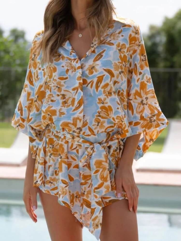 Mosterd bloemen gebonden shirt romper