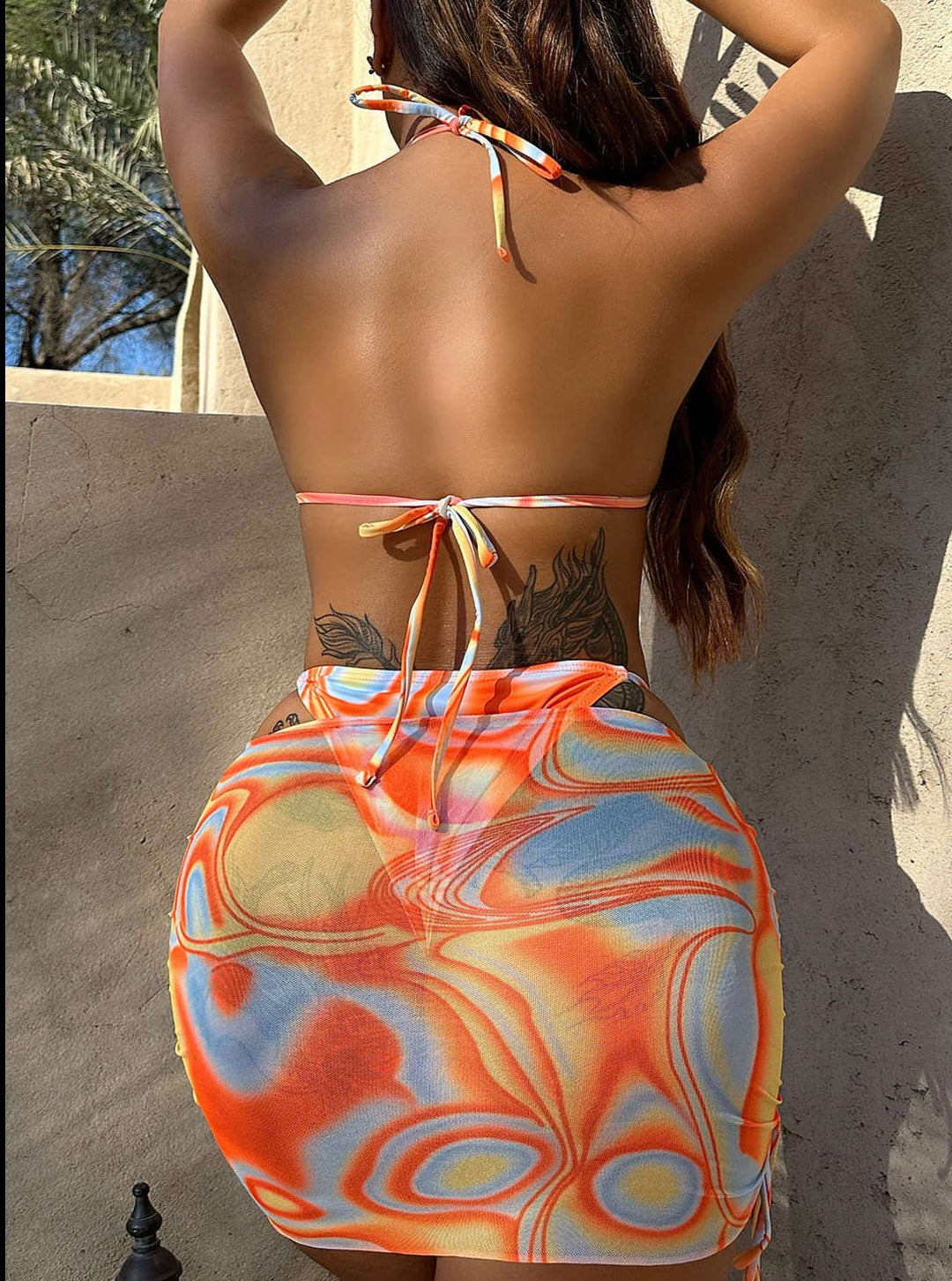 Abstract Print Halter Bikini Σετ 3 τεμαχίων