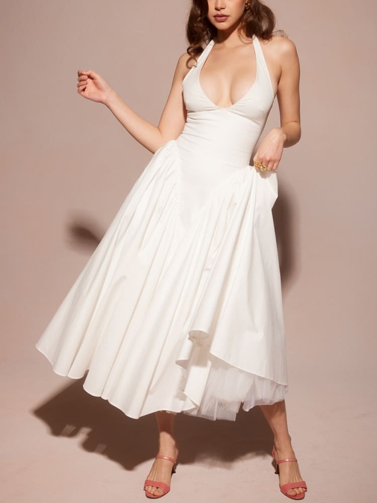 Bílé bavlněné ohlávkové midi letní šaty