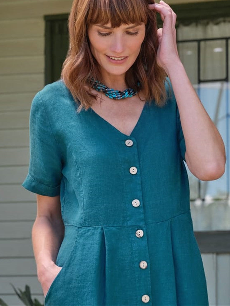Vestido midi de lino con cuello en V, botones y bolsillo en verde azulado claro de luna