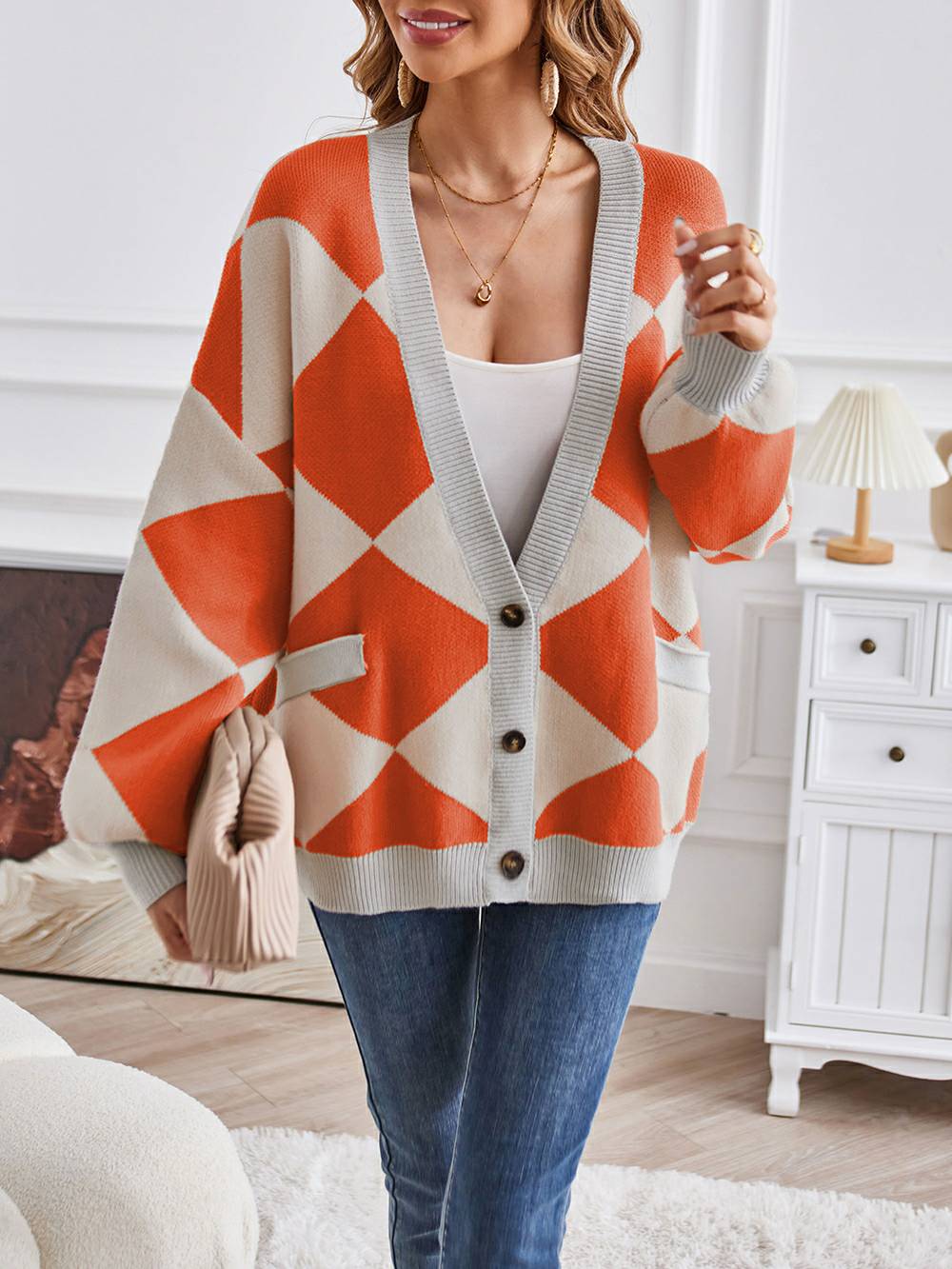 V-hals geometrisk farveblok strik cardigan