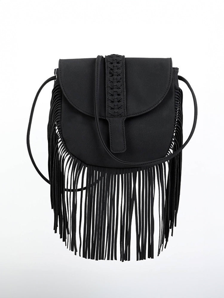 Women Semi Circular Leather Tassel Crossbody Bag
