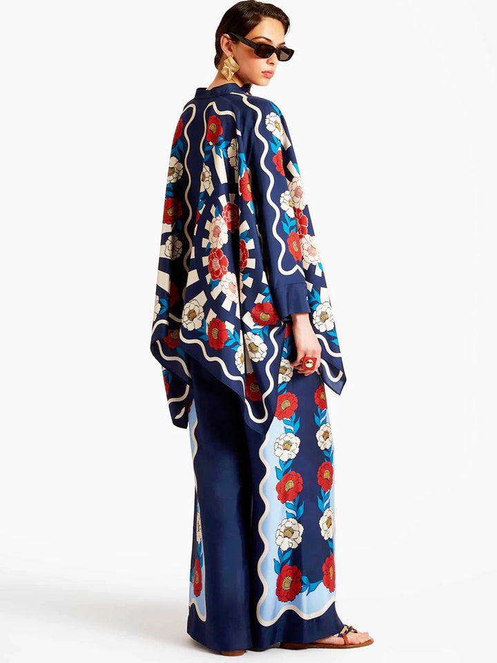 Fint satin blomsterprint Batwing Sleeve bukser sæt - blå