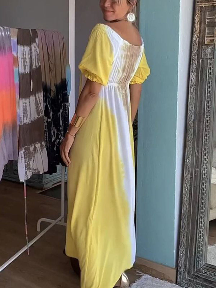 Abito maxi con coulisse e scollo a V giallo tie-dye