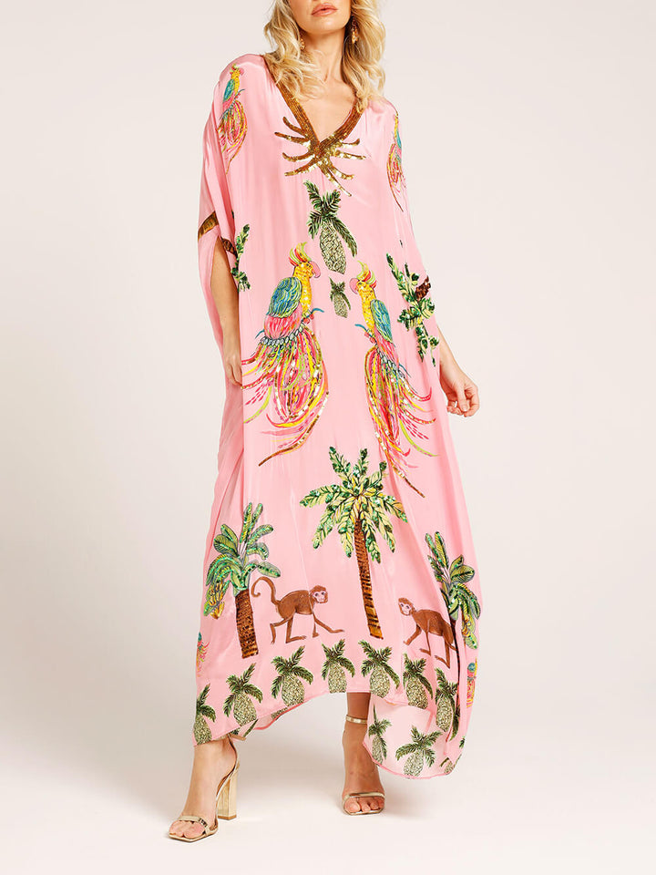 Unik Drop Shoulder Sleeve Coconut Tree Printed Dress - Rosa