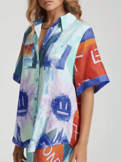 독특한 잉크 꽃무늬 프린트 반팔 루즈 셔츠