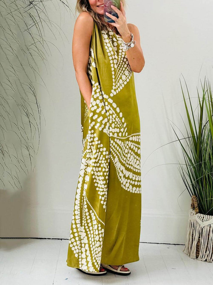 Unique Polka Dot Print One Shoulder Pocketed Maxi Dress