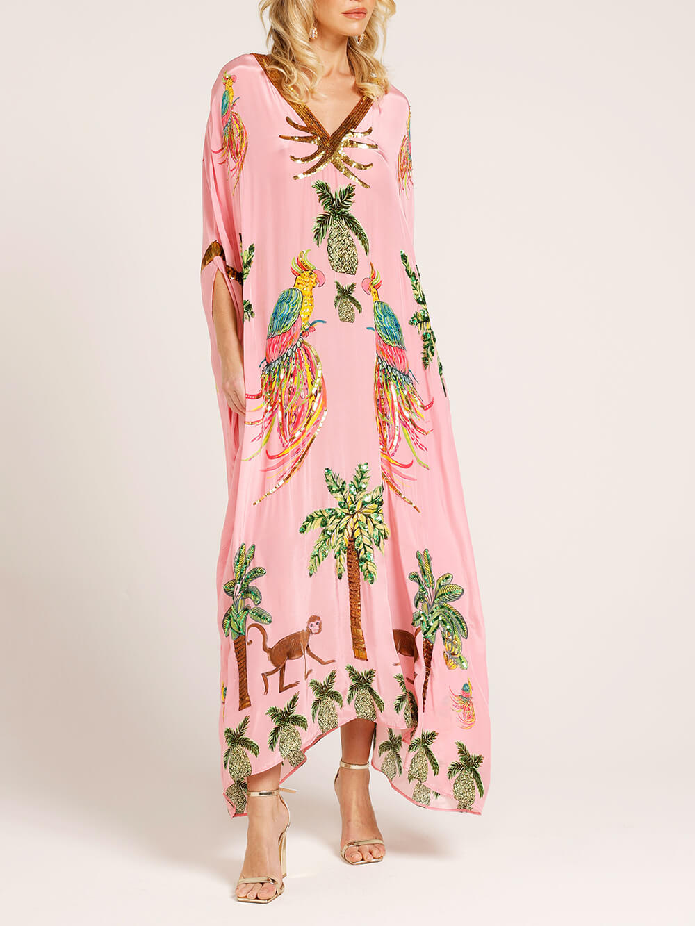 Unik Drop Shoulder Sleeve Coconut Tree Printed Dress - Pink