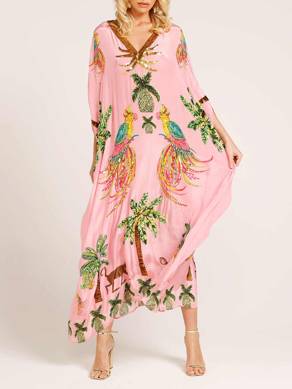 Unique Drop Shoulder Sleeve Coconut Tree Printed Dress - Pink