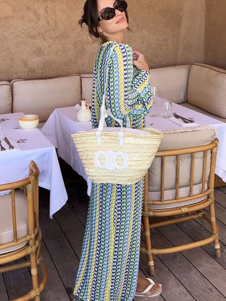 Vestido largo bohemio con cuello en V y mangas acampanadas con rayas onduladas y crochet para vacaciones en la playa - Amarillo