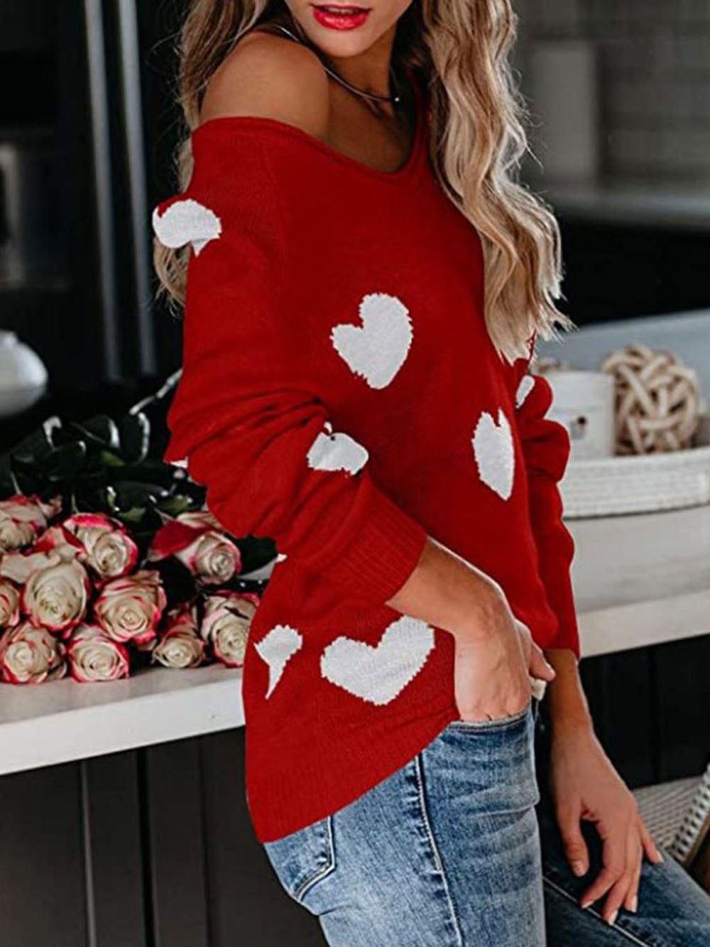 Valentin-napi V-nyakú kötött pulóver