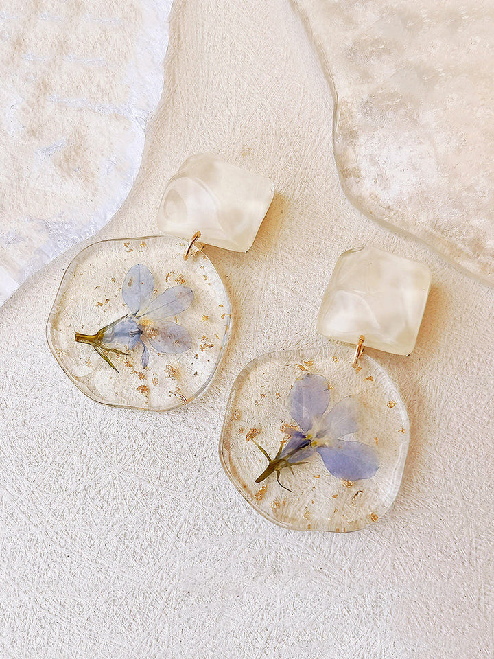 עגילי פרחים דחוסים - אפוקסי וינטג' כחול רומנטי