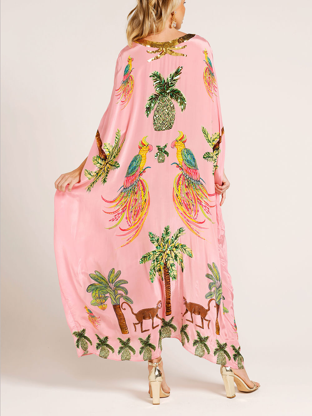 Unique Drop Shoulder Sleeve Coconut Tree Printed Dress - Pink