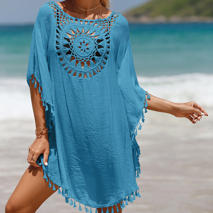 Blusa de playa de girasol con flecos sueltos de ganchillo a mano