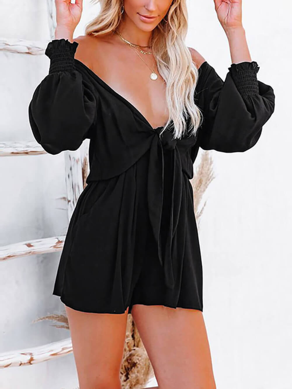 Knyt volangärm Plunge Front Tie Romper