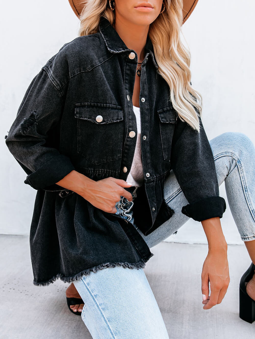 Distressed Denim Button Down Shirt Jacka