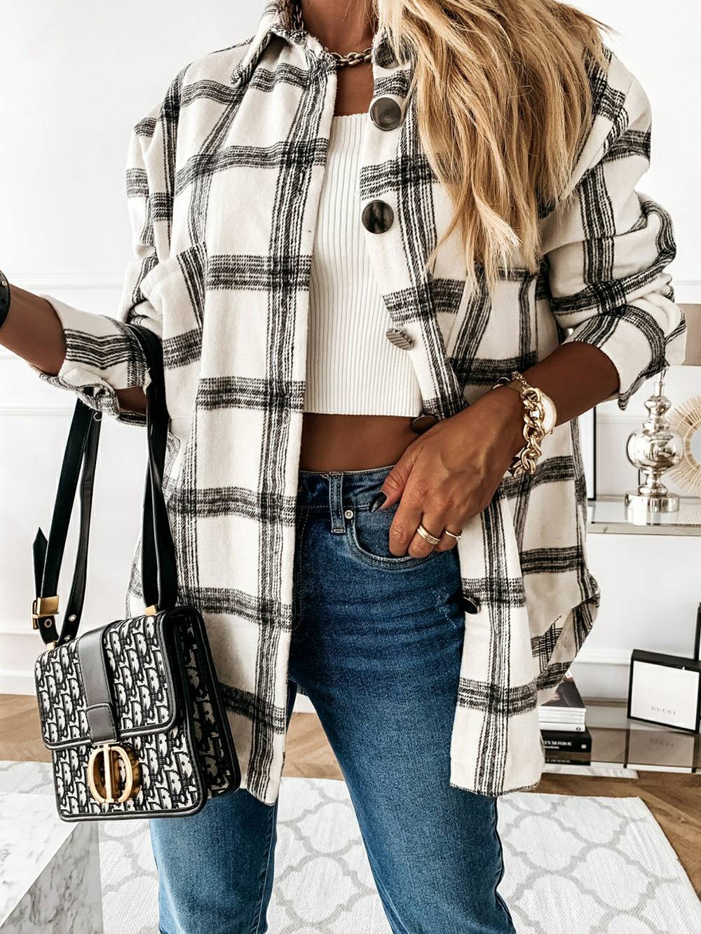 Plaid Casual Brushed Wool Cardigan Jacket