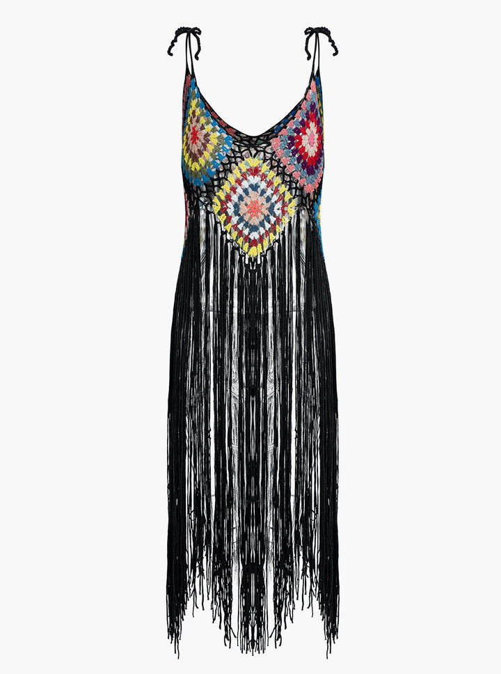 Rainbow Square Muster Fringe Crochet Knit Cami Top