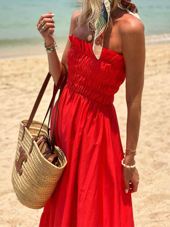 Gesmokte buste off-shoulder vakantie maxi-jurk