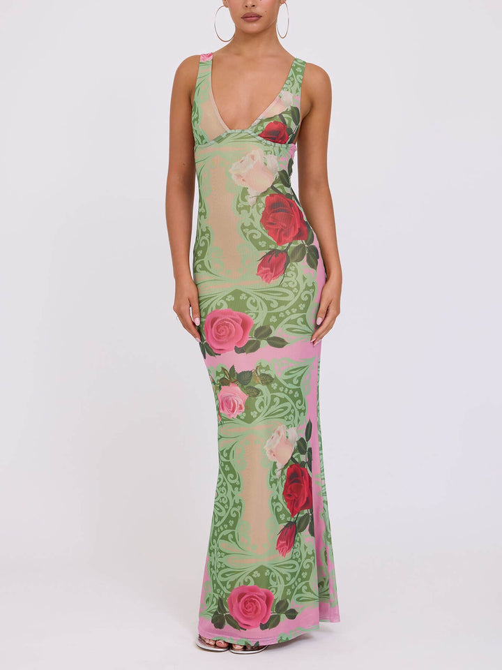 Holiday Style Kontrast Rose Print V-Hals Maxi Kleed