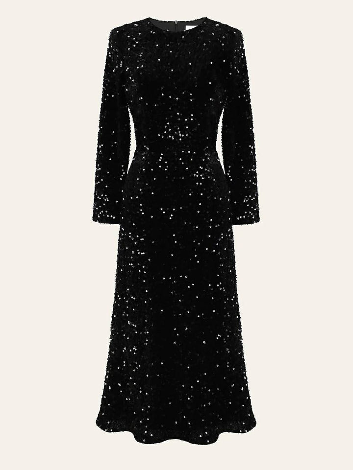 Siyah Payet Desenli Kadife Midi Elbise