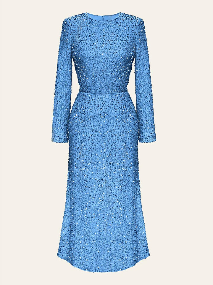 Mavi Payet Desenli Kadife Midi Elbise