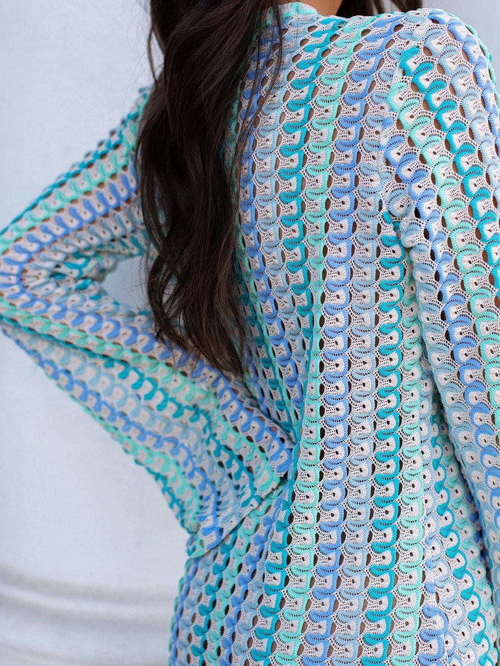 Boho V Neck Bell Kopp gewellt gesträifte Crochet Beach Vakanz Maxi Kleed - Blue