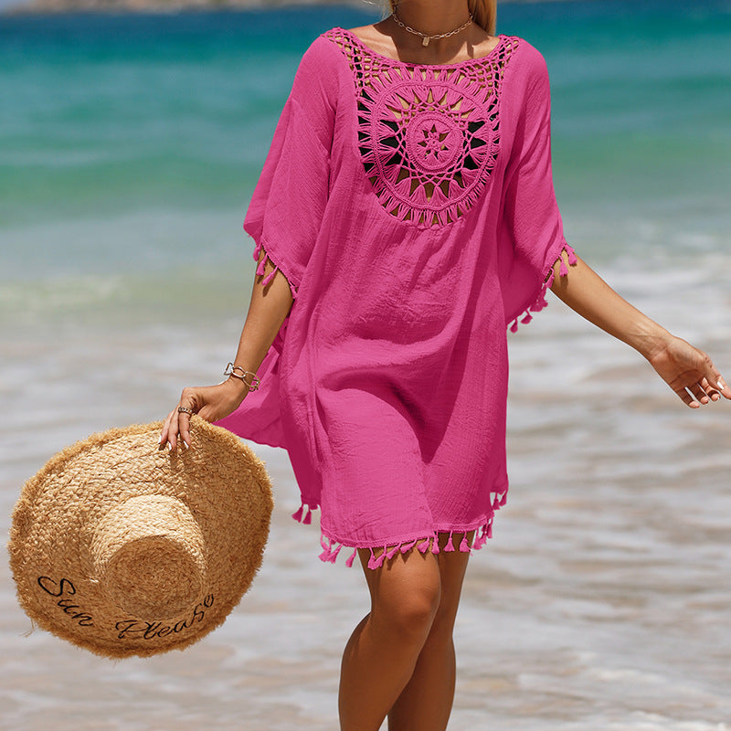 Blusa de playa de girasol con flecos sueltos de ganchillo a mano