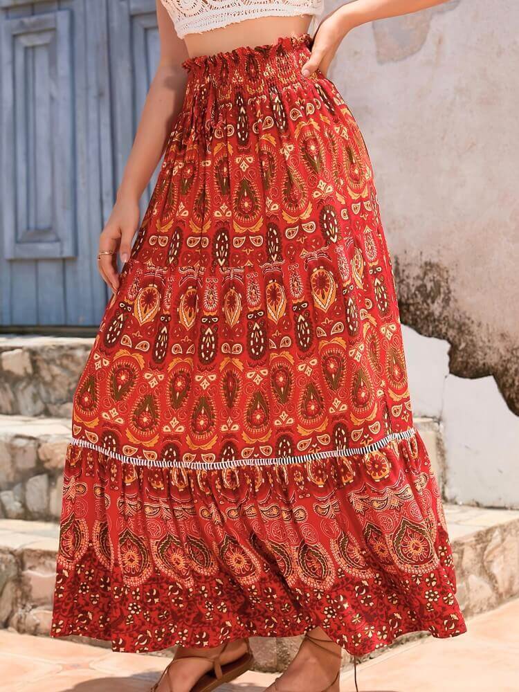 Bohemian Shirred ψηλόμεση φούστα σε κόκκινο χρώμα