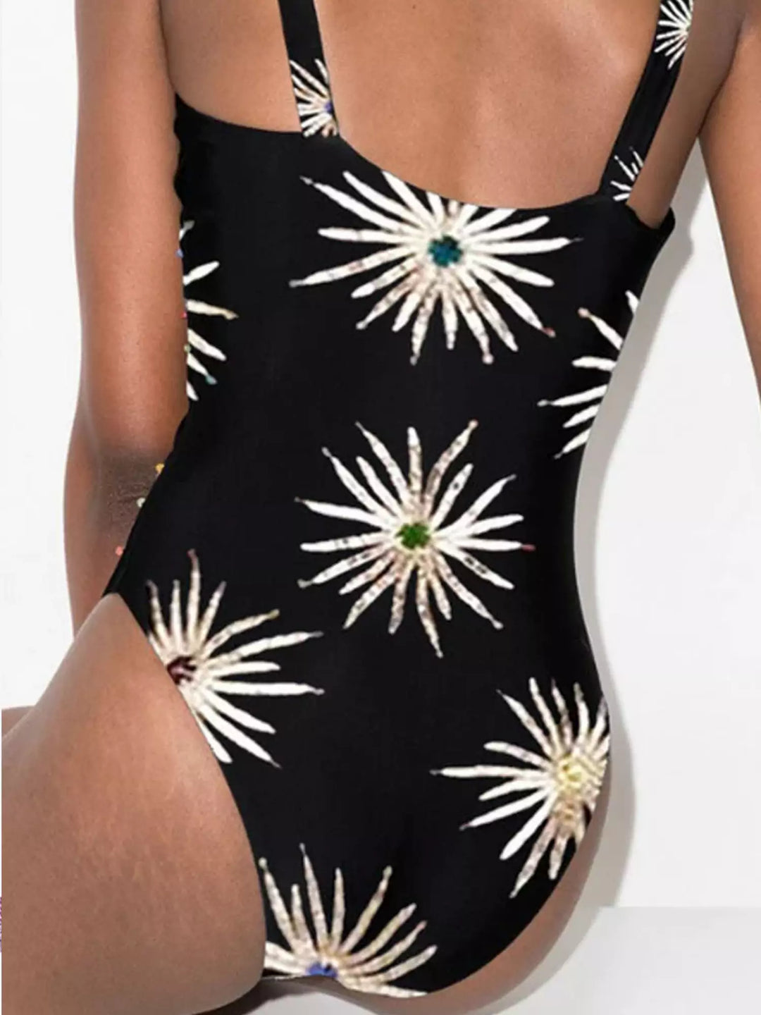 Print Sheen Quick-Dry One Piece Swimsuit with Sarong - Fireworks