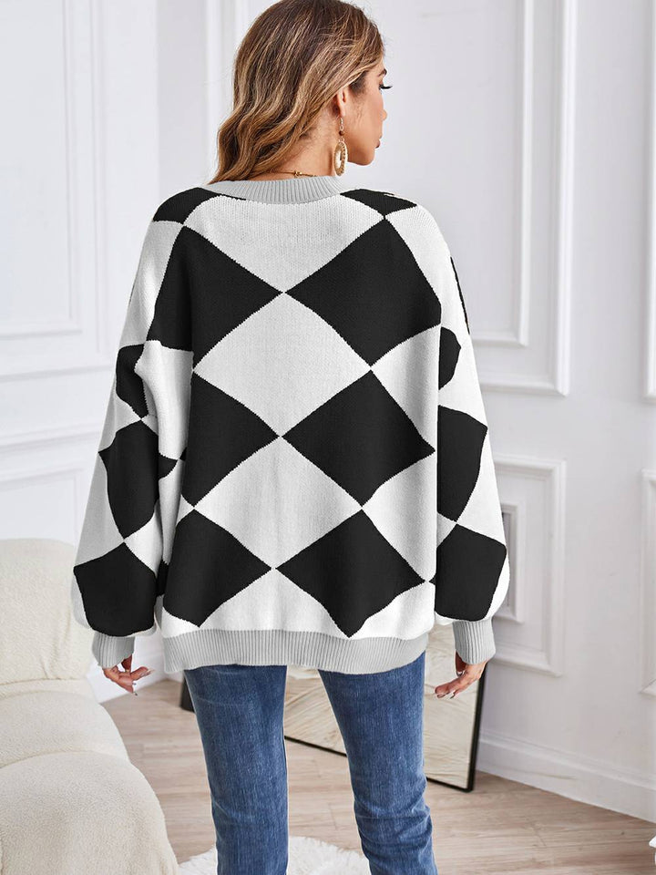 V-hals geometrisk farveblok strik cardigan