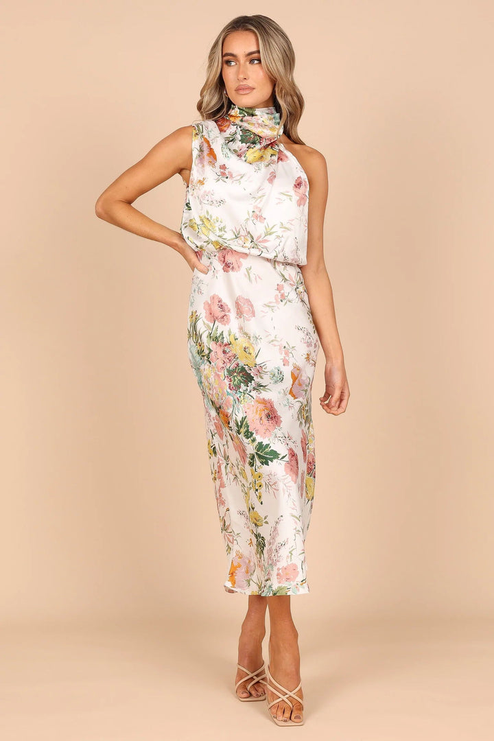 와인 컨트리 날짜 꽃무늬 홀터넥 넥 신축성 있는 허리 맥시 드레스