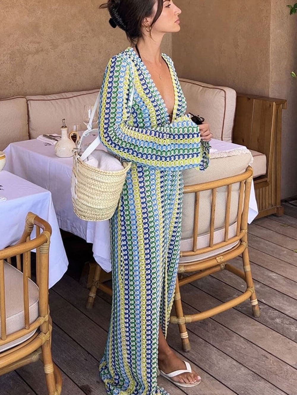 Robe Maxi Boho à Col en V et Manches Cloche Rayée Ondulée au Crochet pour Vacances de Plage - Jaune